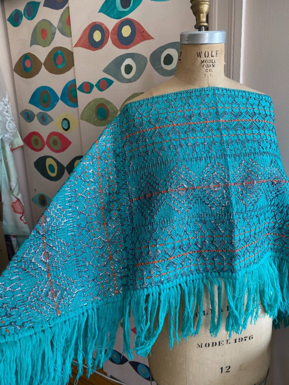 Vintage Turquoise Woven Fringe Shawl / Wrap